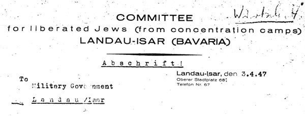 Briefbogen/Letter head Committee for liberated Jews (from concentration camps) Landau-Isar (Bavaria)